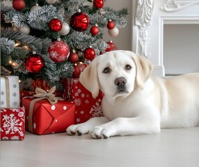 Golden retriever puppy beside a Christmas tree with gifts. 