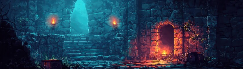 Obraz premium Dark pixel art dungeon with mossy stone walls, flickering torches, and treasure chest