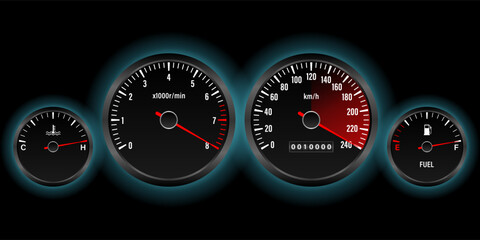 Car Dashboard. Car Panel Display. Car Speedometer Dashboard. Tachometer or Odometer Display. High Speed Concept. Vector Illustration.