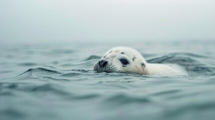 Naklejka premium A baby seal gently swims in calm ocean waters, embodying innocence and the serenity of marine life in nature’s sanctuary.