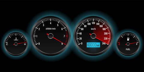 Car Dashboard. Car Panel Display. Car Speedometer Dashboard. Tachometer or Odometer Display. High Speed Concept. Vector Illustration.