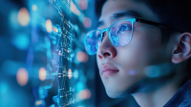 Digital transformation in web development careers. Young Asian working remotely on AI, martech, and cloud computing skills.