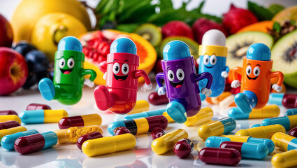 Cartoon happy character capsule, with fruits