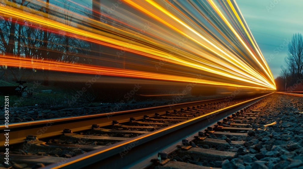 Poster the motion of a train captured through the overlapping light trails creating a dynamic image near th