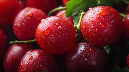 The image features a close-up arrangement of red, ripe cherries, glistening with droplets of water. The cherries are vibrant and fresh, displaying a deep red hue with some darker tones, suggesting rip