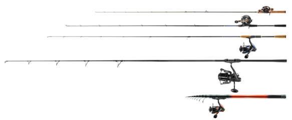 Fishing rods and reels on transparent background. PNG background.