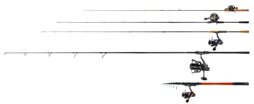 Fishing rods and reels on transparent background. PNG background.