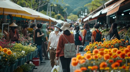 Obraz premium A bustling flower market with vibrant blooms and shoppers creating a lively, colorful scene under shaded canopies.