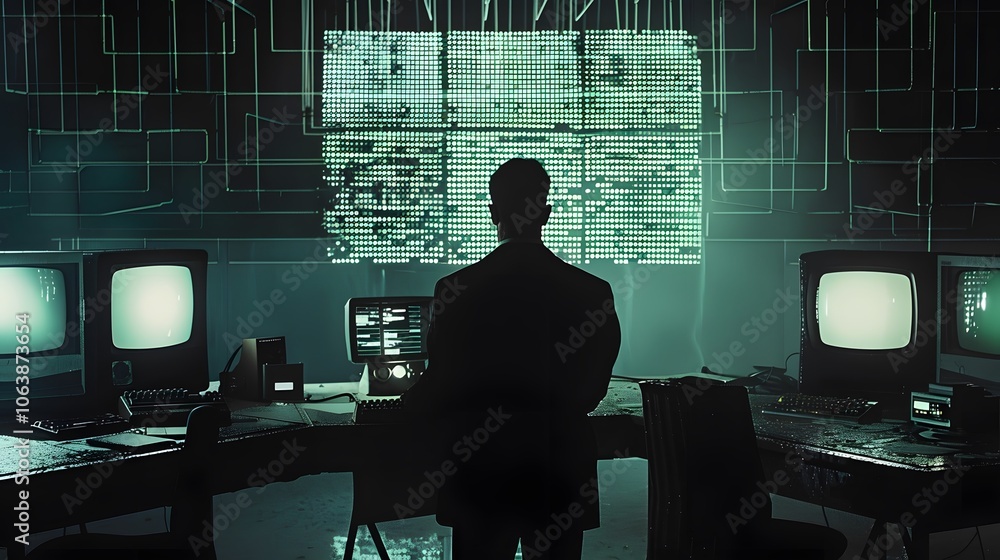 Poster silhouetted figure in dark control room with futuristic technology and data displays