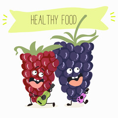 Cute  blackberry characters, funny fruits, berries, different activities. Flat vector illustration. Organic food, healthy food, illustrations for kids menu, invitations.