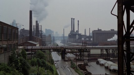 Naklejka premium Overcast skies loom over a sprawling industrial cityscape, smokestacks rising, emphasizing the intersection of nature and industry.