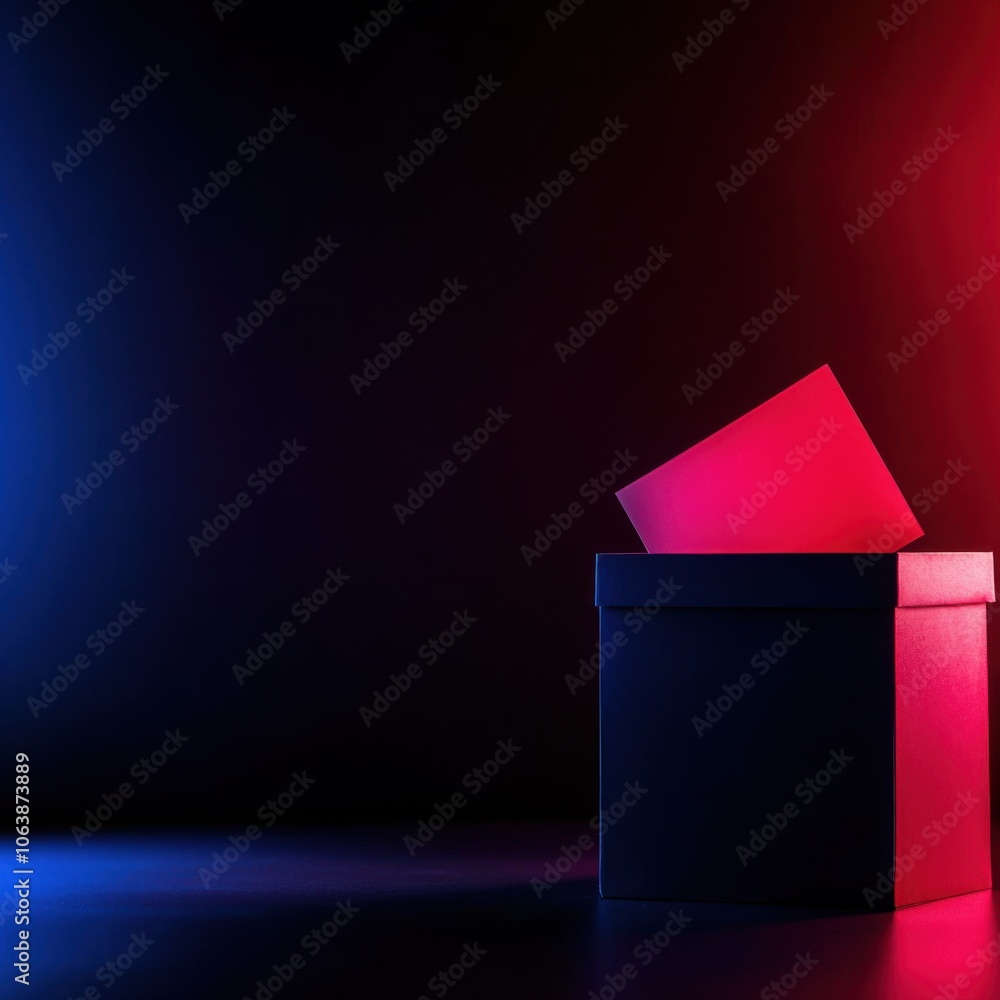 Poster colorful illuminated boxes on a dark background, creating a striking visual contrast.