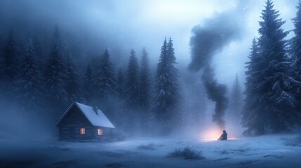 A solitary figure warms by a fire near a snow-covered cabin in a misty forest at dusk