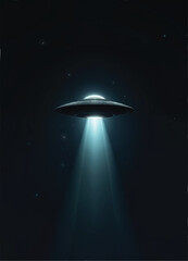 vector of an ufo flying in the dark sky with stars and glowing beams to the bottom side