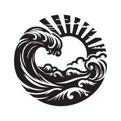 Ocean waves crashing silhouette vector art like the logo black color design and solid white background 