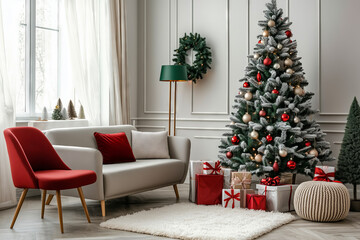 Modern Living Room with Christmas Tree and Gifts