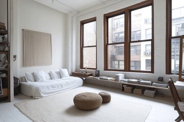 Bright, airy loft space with large windows and cozy sofa