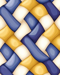 Abstract geometric design featuring mustard yellow, navy blue, and lavender shapes on a soft gradient background