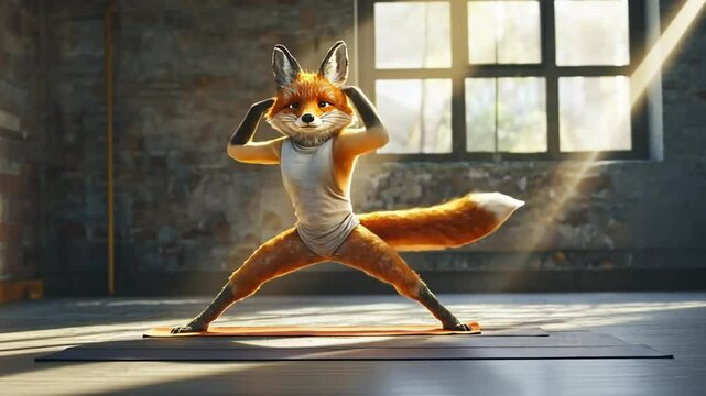 A cute red fox wearing a grey tank top is doing yoga on a brown mat in an industrial space with a large window.
