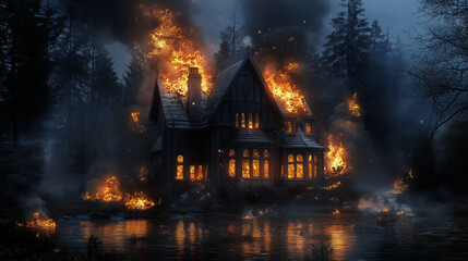 Na tle nocnego nieba, dom w ogniu zrzuca złowrogie cienie na otaczającą go przestrzeń. Płomienie wydobywają się z okien i dachu, a dym wznosi się w powietrze, tworząc atmosferę chaosu i strachu. 