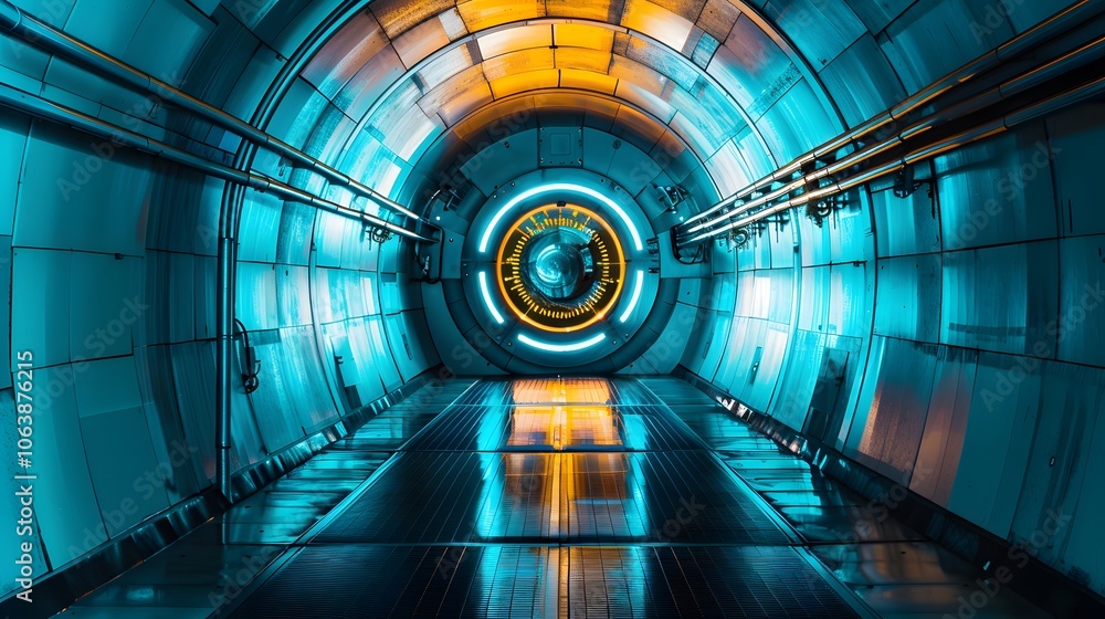 Poster illuminated futuristic tunnel with glowing geometric patterns and architectural elements