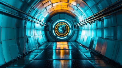 Illuminated Futuristic Tunnel with Glowing Geometric Patterns and Architectural Elements