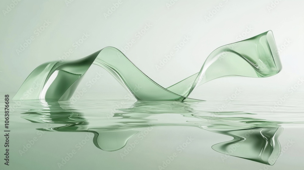 Poster an ethereal abstract design featuring flowing green and blue translucent waves on a soft gradient ba