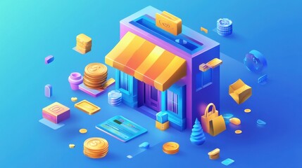 Fototapeta premium Colorful digital storefront with products, coins, and shopping icons in a vibrant blue background, representing e-commerce.