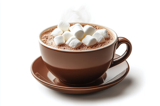 Illustration of a steaming cup of hot cocoa topped with marshmallows. Isolated on a white background.