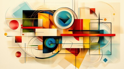 Fototapeta premium Vibrant abstract composition featuring bold geometric shapes and dynamic lines in blue, orange, and yellow tones.