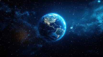 Fototapeta premium Detailed view of Earth in space, illuminated by distant stars, vivid blue tones.