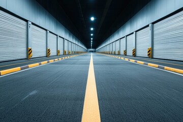 Obraz premium Empty parking garage with illuminated ceiling and yellow line.