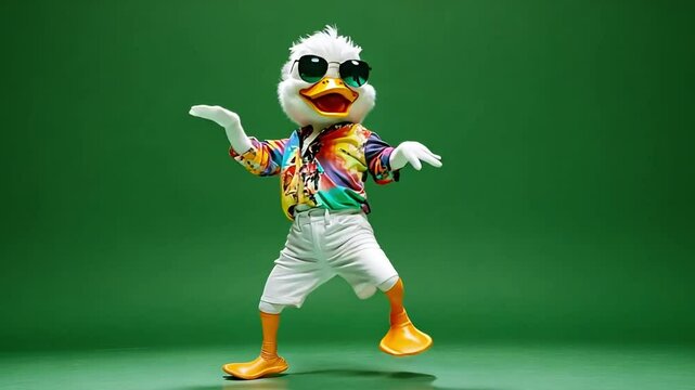 A duck wearing sunglasses and a colorful shirt strikes a pose on a green screen background.