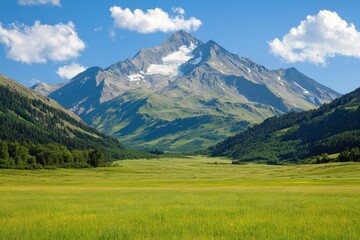 Fototapeta premium Majestic mountains under a clear blue sky, surrounded by lush green fields.