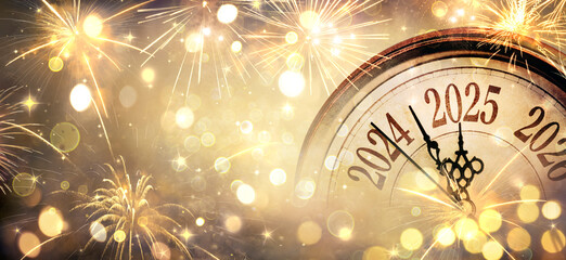 2025 New Year - Clock And Golden Fireworks - Countdown To Midnight  - Abstract Defocused Background