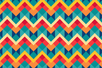 Seamless geometric pattern featuring a vibrant zigzag design, utilizing colorful squares and triangles to create a dynamic and visually appealing backdrop