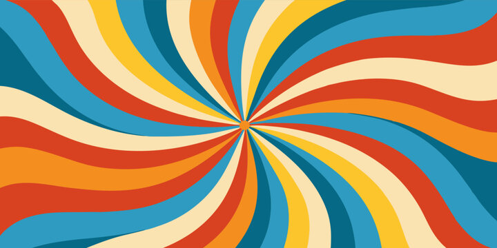 Colorful retro swirl background with vibrant spiral pattern, perfect for vintage or psychedelic designs. Mesmerizing and groovy, evoking 60s and 70s pop art. Ideal for posters, banners, or templates