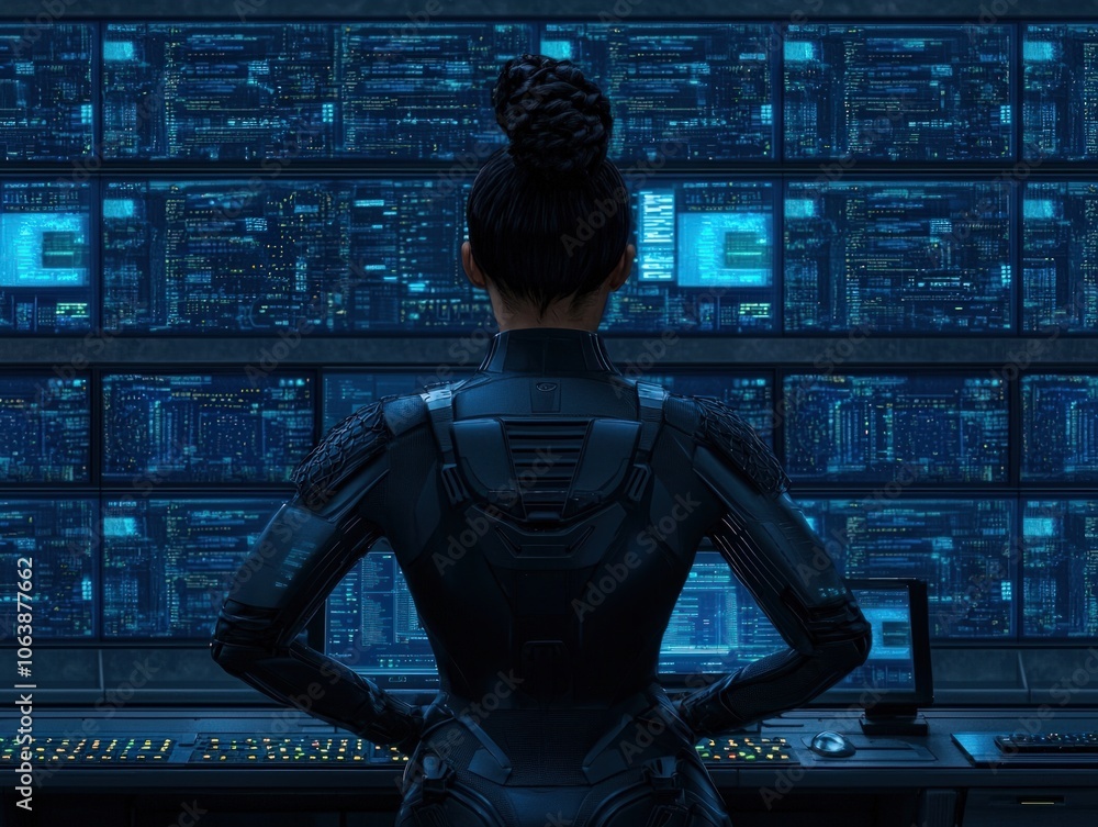 Poster tech expert analyzes data on futuristic control panel