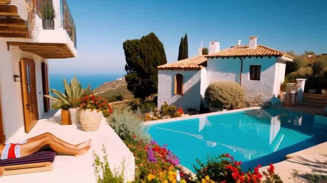 Traditional Mediterranean finca house situated on a hill, complete with a pool and breathtaking sea views, creating a picturesque backdrop for a summer vacation getaway.
