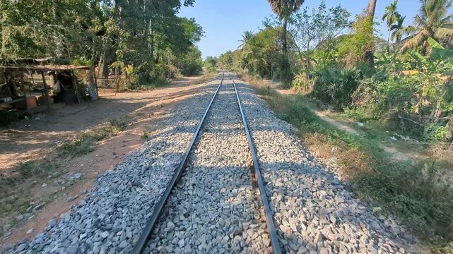Riding the Bamboo Railway,a passenger&rsquo;s eye view,through rural Cambodia,Battambang Province,Cambodia,Southeast Asia.
