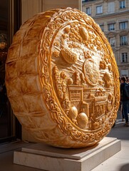 Naklejka premium A large, artistic wheel-shaped sculpture featuring intricate designs, prominently displayed outside a building, It can be used for tourism, art exhibits, or culinary-themed content,