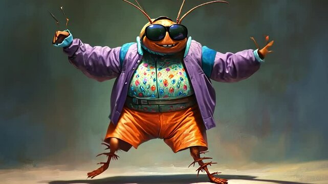 A friendly, cartoon cockroach wearing sunglasses, a purple jacket, a floral shirt, and orange shorts, is dancing with a smile on its face.