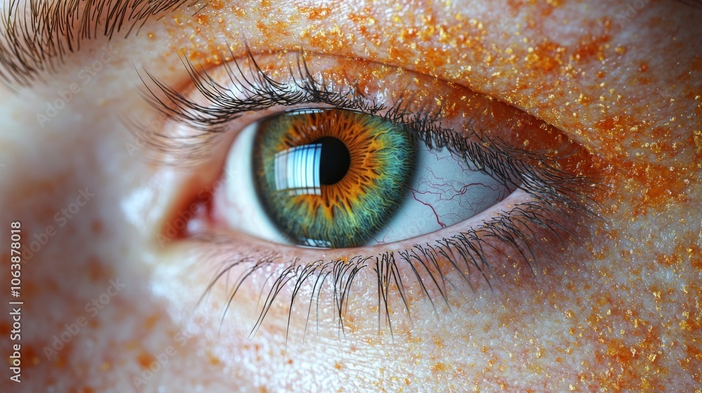 Poster a striking close-up of an eye featuring vivid shades of orange and green, with fine details visible 