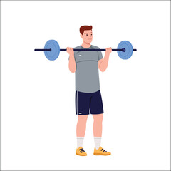 Obraz premium Vector illustration of a sports man holding a barbell in his hands. Cartoon scene of a guy doing exercises with a barbell isolated on a white background. Training in the gym. Muscle strengthening.