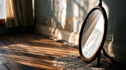Light streams through a window, casting shadows over an ornate mirror, creating a dance of warmth and mystery in the room.