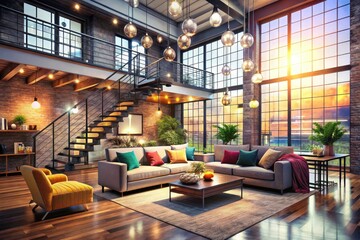 Minimalist Loft Living Room in Factory Space with Stairs, Bokeh Effect, Modern Decor, Industrial Design, Open Concept, Cozy Atmosphere, Stylish Interiors, Urban Aesthetic