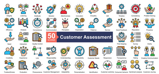 Customer Assessment icon collection set. Containing Integrity, Listening, Gratitude, Solution, Attentiveness, Innovation, Empathy, Gift, Timeline icon. Simple flat line color illustration.