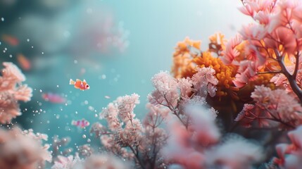 A clownfish swims gracefully amid a thriving coral reef, surrounded by delicate pink and orange corals, bathed in soft ocean light.