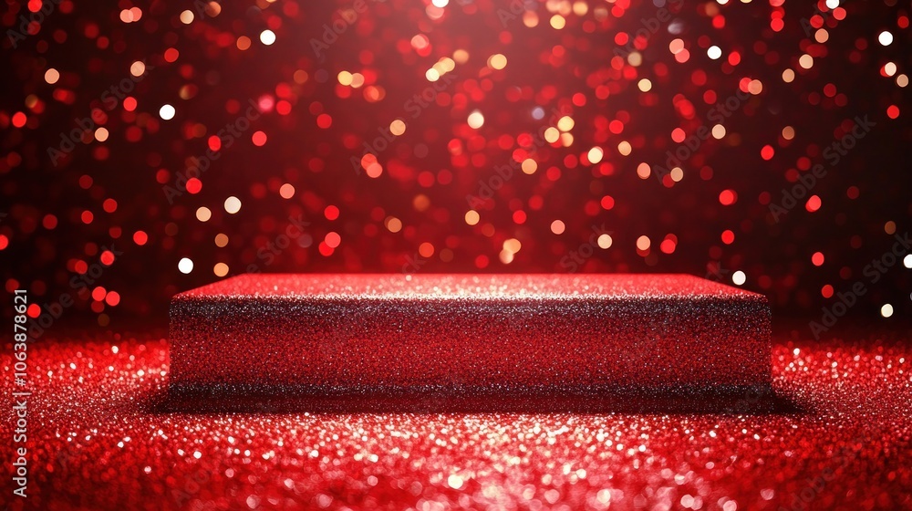 Poster a shimmering red platform surrounded by sparkling red bokeh lights.