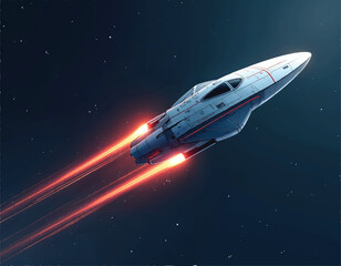 vector of a space ship with glowing red lights trails on the tail side with stars on dark night sky